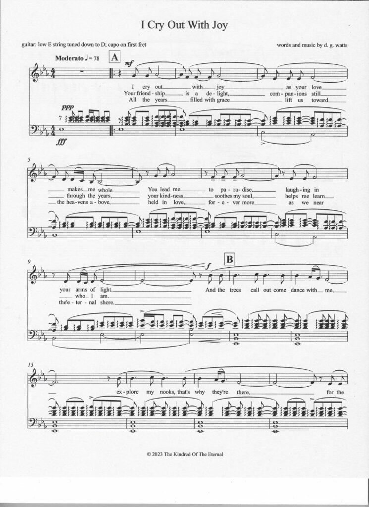 First page of the spiritual song entitled "I Cry Out With Joy" by d. g. watts, for vocalist and guitar. Copyright 2023 The Kindred Of The Eternal.