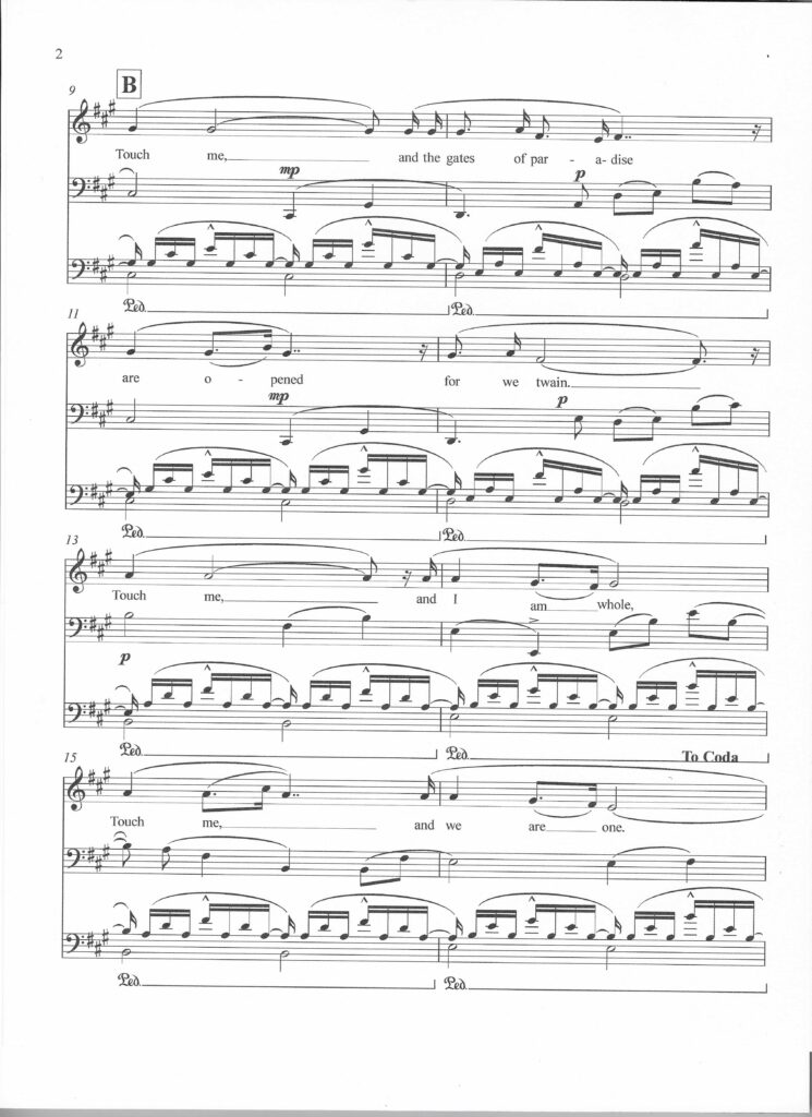 Second page of the spiritual song entitled "Touch Me" by d. g. watts, for vocalist, cello, harmonica and guitar. Copyright 2022 The Kindred Of The Eternal.