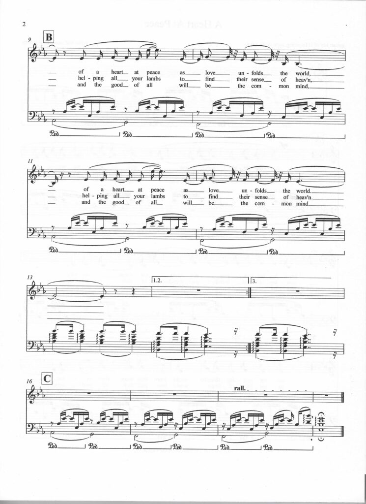 Second page of the spiritual song entitled "A Heart At Peace" by d. g. watts, for vocalist and guitar. Copyright 2024 The Kindred Of The Eternal.