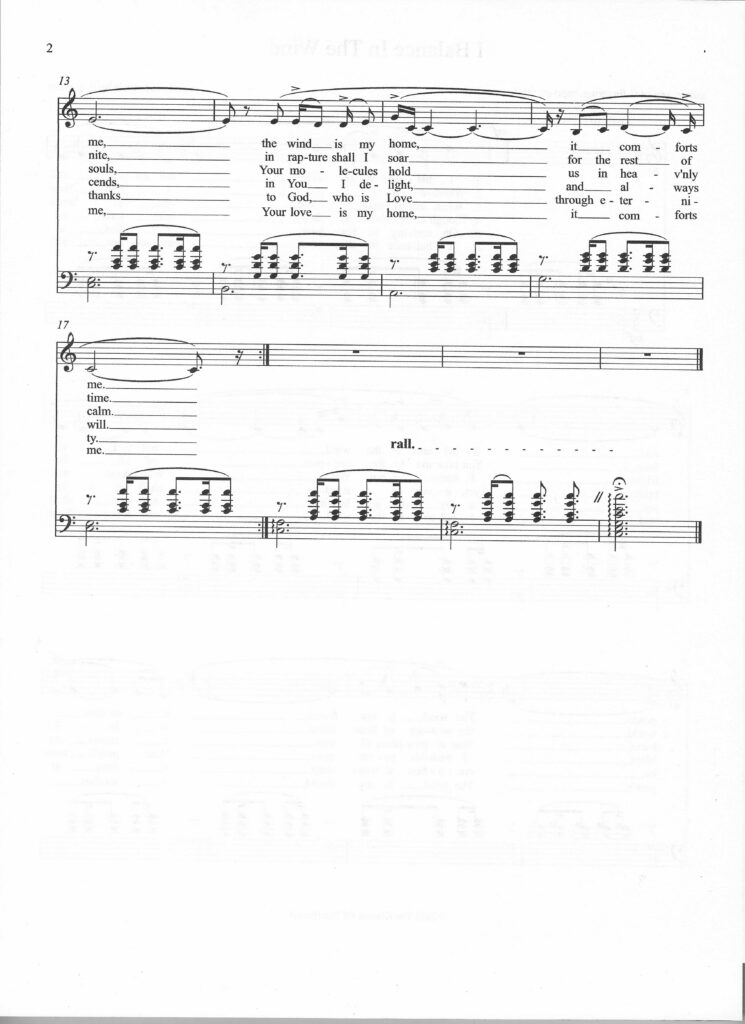 Second page of the spiritual song entitled "I Balance In The Wind" by d. g. watts, for vocalist and guitar. Copyright 2025 The Kindred Of The Eternal.