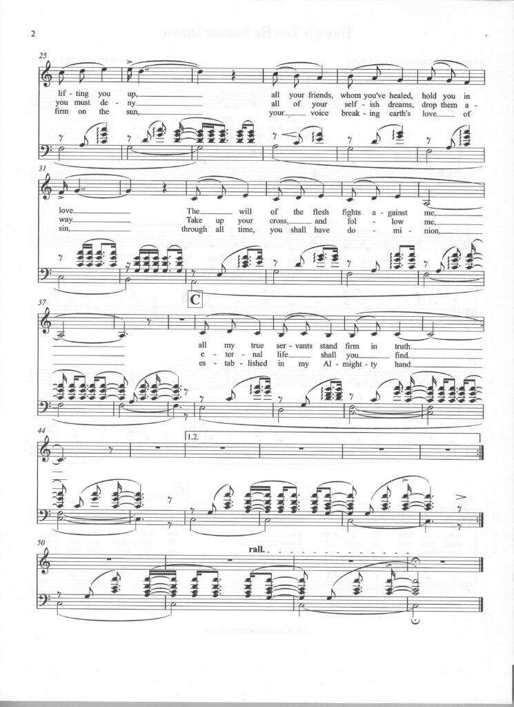 Second page of the spiritual song entitled "Though You Be Beaten Down" by d. g. watts, copyright © 2025 Daniel George Watts