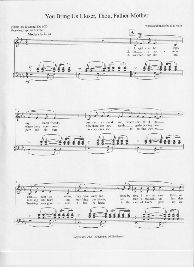 First page of the spiritual song entitled "You Bring Us Closer, Thou, Father-Mother" by d. g. watts, copyright © 2026 The Kindred of the Eternal.