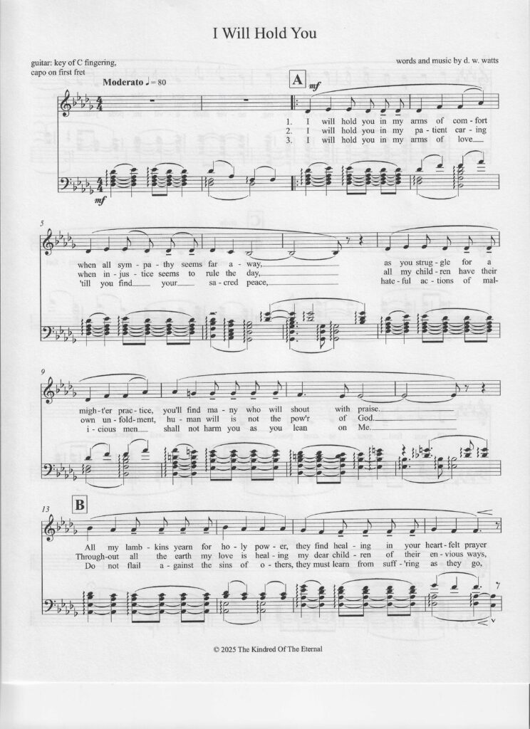 First page of the spiritual song entitled "I Will Hold You" by d. g. watts, copyright © 2025 The Kindred Of The Eternal.